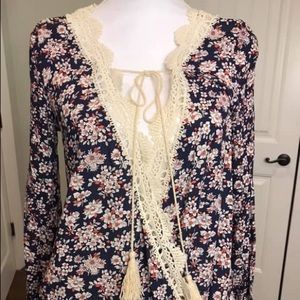Boutique Faux Wrap Crochet & Flower Blouse